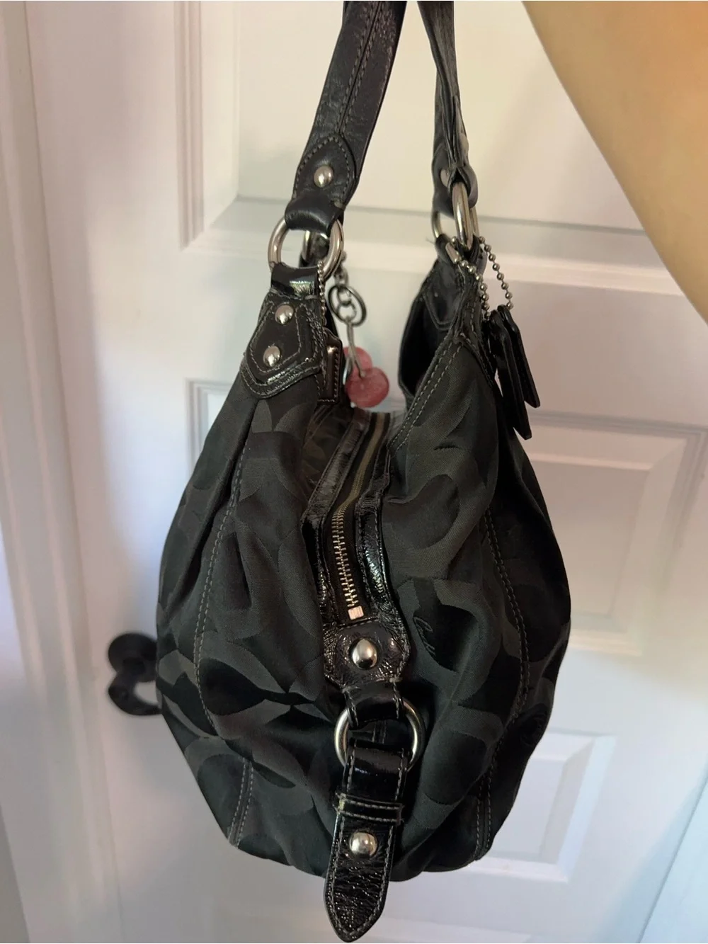 Coach Black Signature Tote with Pink Charm Accents
